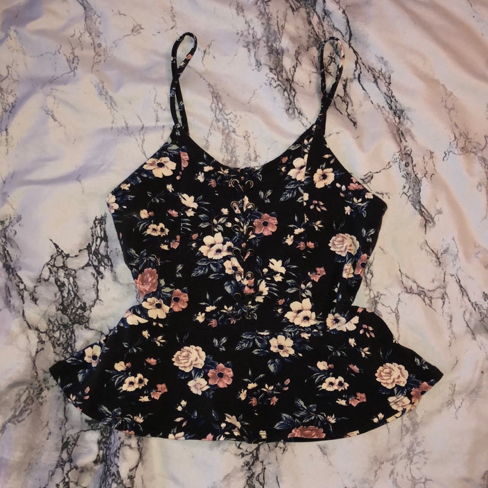 AEO Black Floral Peplum String Tank Top